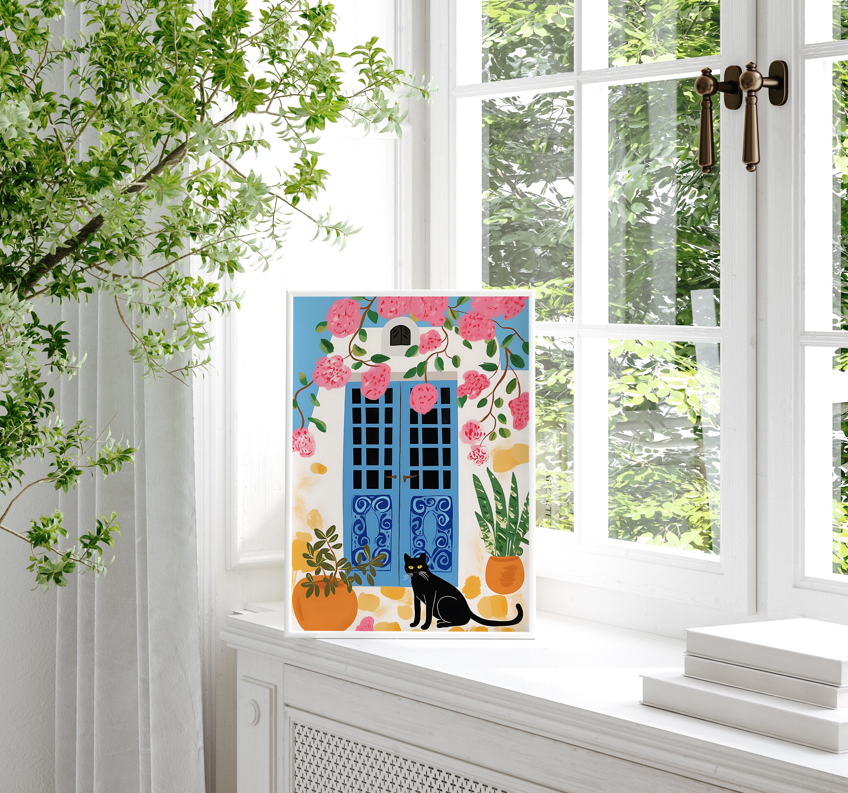 Black Cat in Greece Art Print: Floral Home Decor (digital Download) - Etsy