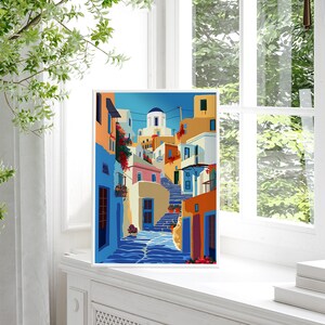 May include: A colorful illustration of a narrow street in a Greek village with whitewashed buildings, blue doors, and a stone staircase leading up to the top of the hill. The buildings are decorated with flowers and plants.