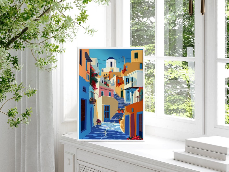 May include: A colorful illustration of a narrow street in a Greek village with whitewashed buildings, blue doors, and a stone staircase leading up to the top of the hill. The buildings are decorated with flowers and plants.