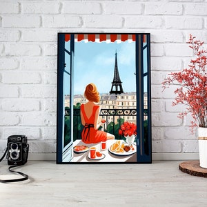 Pode incluir: Uma mulher de vestido vermelho senta-se numa varanda com vista para a Torre Eiffel em Paris. Ela desfruta de um pequeno-almo&ccedil;o de sumo de laranja, pastelaria e fruta. A cena &eacute; pintada de forma colorida e estilizada.