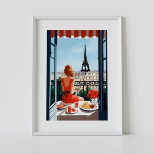 Pode incluir: Uma mulher de vestido vermelho senta-se em uma varanda com vista para a Torre Eiffel em Paris, Fran&ccedil;a. Ela est&aacute; desfrutando de uma refei&ccedil;&atilde;o com um copo de vinho e um prato de frutas. A varanda &eacute; decorada com flores vermelhas.
