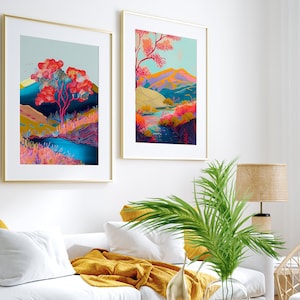 Abstract Trees Wall Art Set of 2 , Colorful Wall Art, Abstract Wall Art, Acrylic Art, Printable Art, Living Room Print, Scenery Art Print image 1