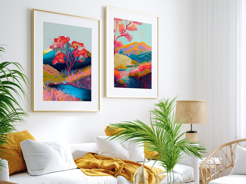 Abstract Trees Wall Art Set of 2 , Colorful Wall Art, Abstract Wall Art, Acrylic Art, Printable Art, Living Room Print, Scenery Art Print image 1