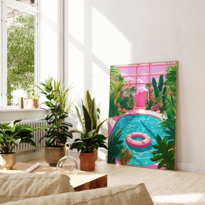 Tropisches Schwimmbad in Bali, botanische Wandkunst, Wohnheimdekor, rosa druckbare Wandkunst Sommer helle lebendige trendige Wandkunst