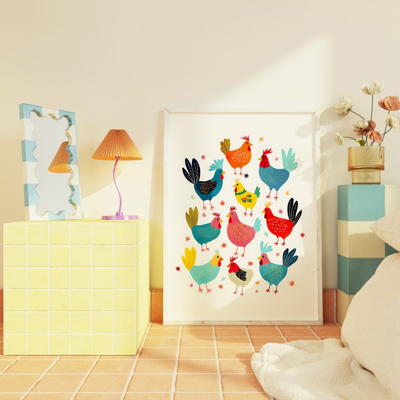 chicken painting, colorful decorative illustration, children's room, nursery art, cute print, kids room decor image 2