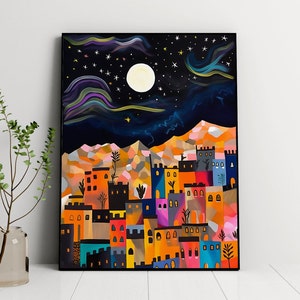 Marokko bei Nacht Illustration, Reise Illustration, Marokko Reise, Kasbah Marrakesch, Wand Kunst, Reise Geschenk