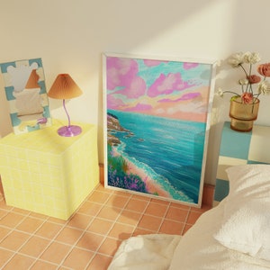 Pastel Color Seascape Painting, Colorful Wall Art, Bright Vibrant Print, Printable Digital image 7