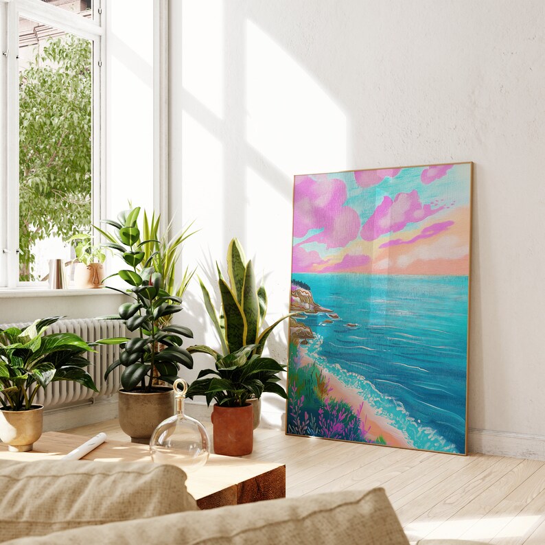 Pastel Color Seascape Painting, Colorful Wall Art, Bright Vibrant Print, Printable Digital image 6