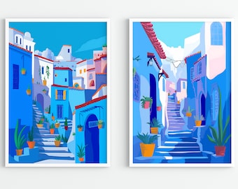 Blue City Illustration Set of 2, Morocco Travel Print, Home decor, Art print, Illustration, Travel Art, Travel illustration