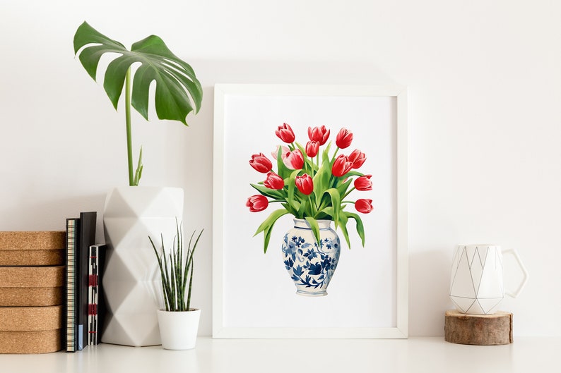 Tulpen rood boeket blauw witte vaas bloemen bloemen Art Print gemberpot gouache Boho moderne Wall Art decor boerderij decor afbeelding 2