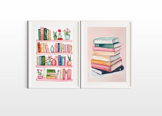 Bookshelf Illustration Set: Book Lover Art, Reading Nook Decor (Digital Download)