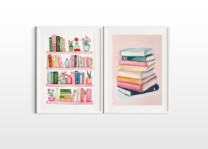 May include: Two framed illustrations of books. The first image shows a pink bookshelf with books, plants, and vases. The second image shows a stack of books on a pink background.