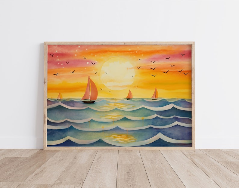 Sunset Beach Painting, Colorful Wall Art, Scenery Printable Art Print, Horizontal Beach Coast Landscape Wall Art Print, Instant Download image 6