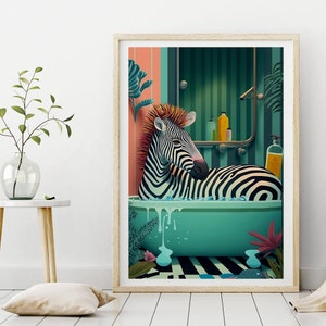 Cute Zebra in a tub, Bathroom Wall Art, Botanical Animal Print, Maximalist Animal in Bath Wall Art, Tropical Bathroom, Jungle Bathroom Decor image 5