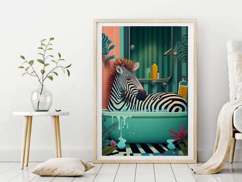 Cute Zebra in a tub, Bathroom Wall Art, Botanical Animal Print, Maximalist Animal in Bath Wall Art, Tropical Bathroom, Jungle Bathroom Decor image 5