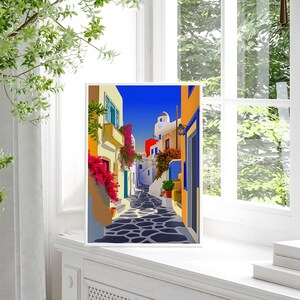 May include: A colorful illustration of a narrow street in a Greek village. The buildings are white with blue accents and there are flowers in pots on the balconies. The street is paved with cobblestones and there is a blue sky in the background.