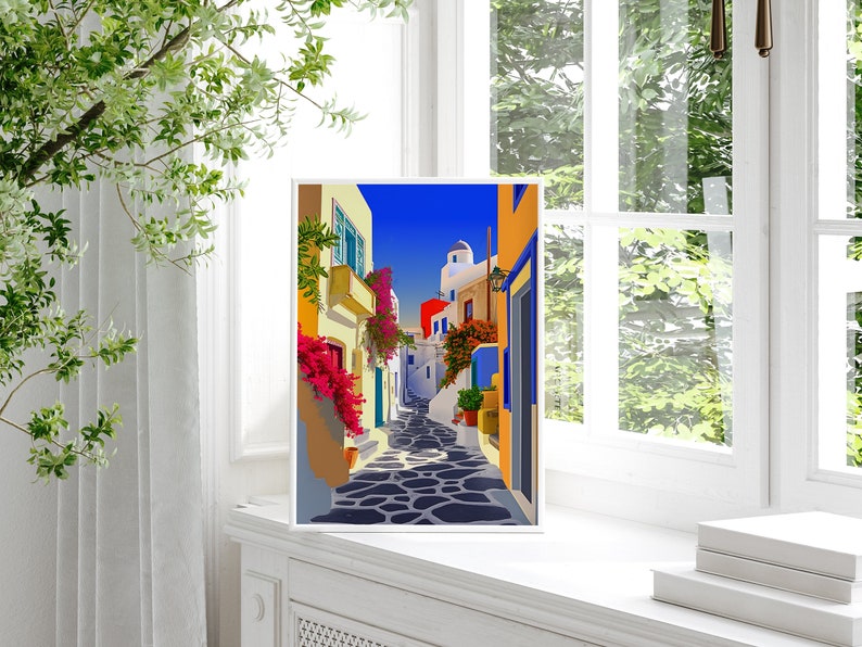 May include: A colorful illustration of a narrow street in a Greek village. The buildings are white with blue accents and there are flowers in pots on the balconies. The street is paved with cobblestones and there is a blue sky in the background.