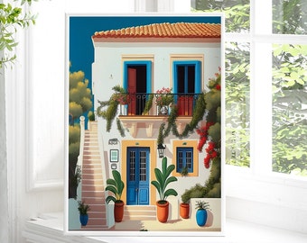 Santorini Greece Art Print: Colorful Cityscape Illustration (Digital Download)