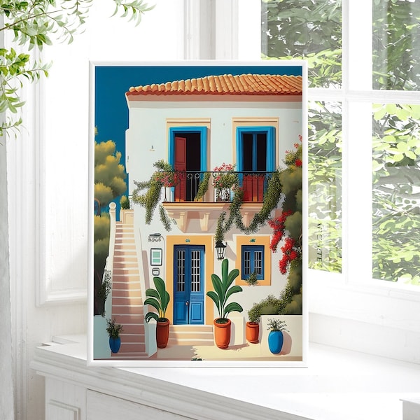 Santorini Greece Art Print: Colorful Cityscape Illustration (Digital Download)