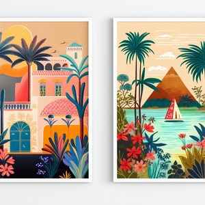 Pode incluir: Duas ilustrações emolduradas de cenas tropicais. A primeira mostra um edifício rosa e branco com palmeiras e vegetação exuberante. A segunda mostra um veleiro em uma massa de água turquesa com uma montanha marrom ao fundo.
