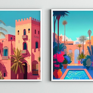 Morocco illustration Set of 2, Digital Download, Kasbah Marrakech, Home Decor, Pink Buildings