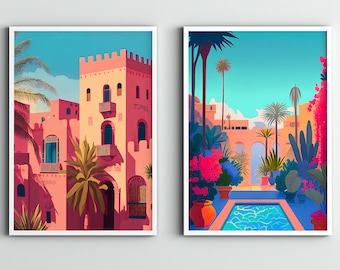 Morocco illustration Set of 2, Digital Download, Kasbah Marrakech, Home Decor, Pink Buildings