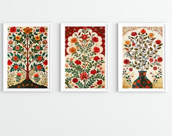 Indian Art Set of 3, Indian Vintage Art, Floral Prints, Folk Prints, Printable, Pichwai Painting, Indian painting, Indian Wall Art