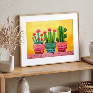 Cactus folk art painting, Mexico folk art painting, Horizontal Floral Wall Art, Colorful Art