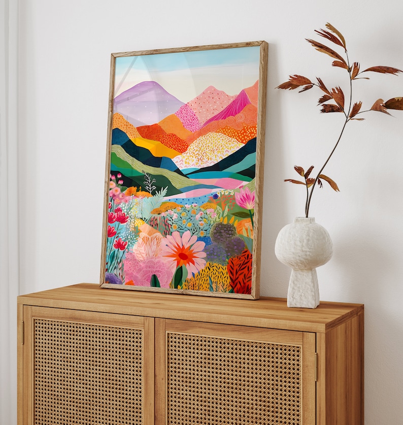 Abstract Mountain Artwork, Colorful Wall Art, Abstract Art, Patchwork, Illustration, Living Room Print, Scenery Art, Floral image 6
