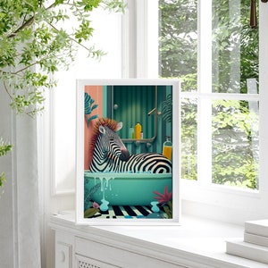 Cute Zebra in a tub, Bathroom Wall Art, Botanical Animal Print, Maximalist Animal in Bath Wall Art, Tropical Bathroom, Jungle Bathroom Decor image 6