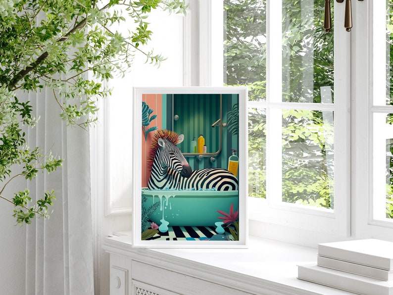 Cute Zebra in a tub, Bathroom Wall Art, Botanical Animal Print, Maximalist Animal in Bath Wall Art, Tropical Bathroom, Jungle Bathroom Decor image 6