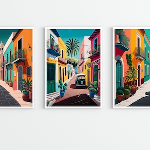 Conjunto de 3 impresiones de calles de México, coloridas, arte mural mexicano, vibrantes, impresiones de viajes, decoración del hogar, impresiones de arte étnico