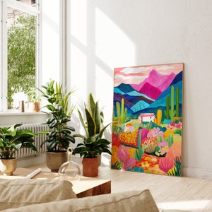Arizona Illustration Druck, Arizona Wüste Kunst, Saguaro National Park, Saguaro Kaktus, Reiseillustration, Bunte Wandkunst, Maximalist