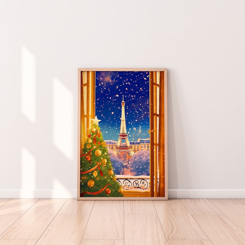 Paris at Snowy Christmas, Christmas wall art, Christmas decor, Christmas prints, Christmas, Christmas Gift, Paris print, Paris winter image 1