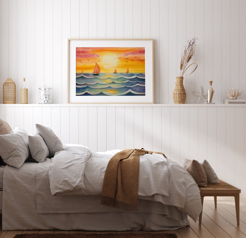 Sunset Beach Painting, Colorful Wall Art, Scenery Printable Art Print, Horizontal Beach Coast Landscape Wall Art Print, Instant Download image 2