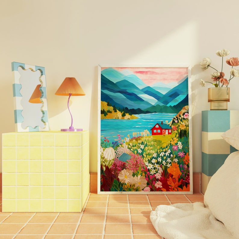 Lake Life, Colorful Scenery Wall Art, Mountain Bright Vibrant Print, Floral Wall Art, Garden Drawing image 2