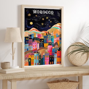 Illustration de nuit du Maroc, art mural coloré, illustration de voyage, art ethnique abstrait, voyage au Maroc, Marrakech