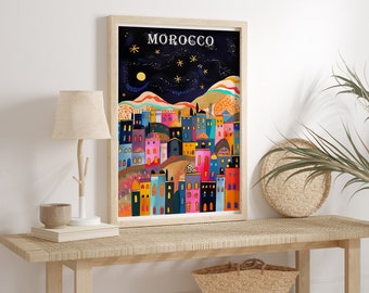 Morocco at night illustration, Colorful Wall Art, Travel Illustration, Abstract Ethnic Art, Morocco travel, Marrakech