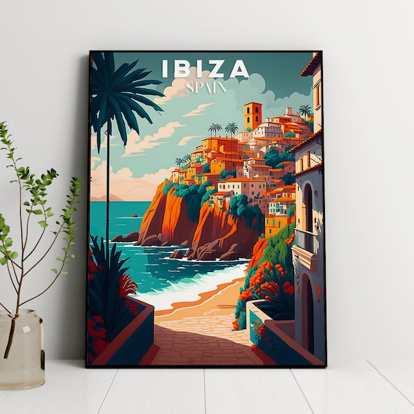 Impresión de viaje de Ibiza, cartel de España, cartel de descarga digital, cartel de viaje, impresión de paisaje costero de la playa de Ibiza, arte de pared de la galería de viajes