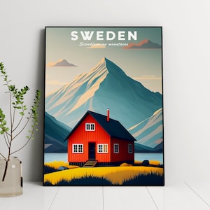 Ilustración de Suecia, arte mural imprimible, montañas escandinavas, arte de viaje a Estocolmo