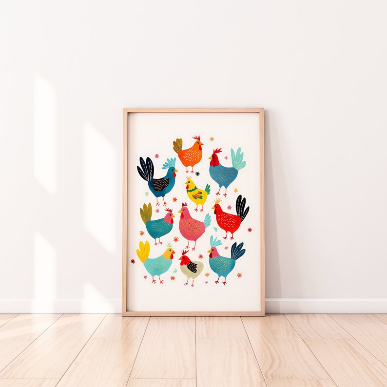 chicken painting, colorful decorative illustration, children's room, nursery art, cute print, kids room decor image 1