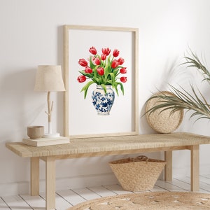 Tulpen rood boeket blauw witte vaas bloemen bloemen Art Print gemberpot gouache Boho moderne Wall Art decor boerderij decor afbeelding 6