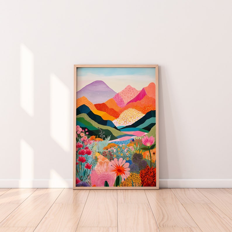Abstract Mountain Artwork, Colorful Wall Art, Abstract Art, Patchwork, Illustration, Living Room Print, Scenery Art, Floral image 1