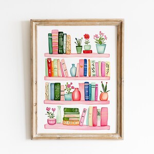 May include: A watercolor painting of a pink bookshelf with books, plants, and vases. The books are arranged in rows on the shelves, and the plants are in pots. The vases are filled with flowers.