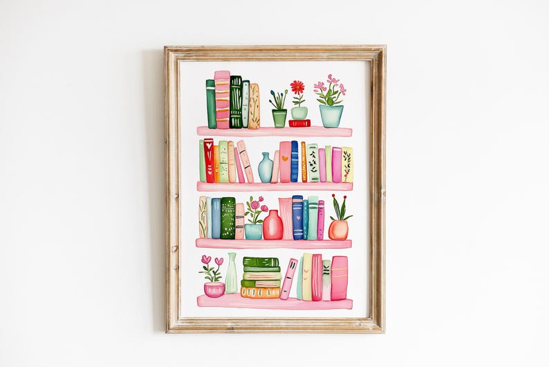 May include: A watercolor painting of a pink bookshelf with books, plants, and vases. The books are arranged in rows on the shelves, and the plants are in pots. The vases are filled with flowers.