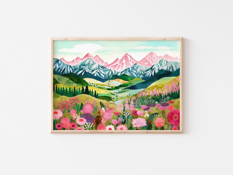 May include: A watercolor painting of a mountain range with pink peaks and a valley filled with colorful wildflowers. The mountains are covered in snow and the valley is green and lush.