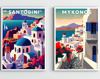Greece Travel Print Set of 2, Mykonos Travel, Santorini, Greek Landscape, Greek art print, Greece poster