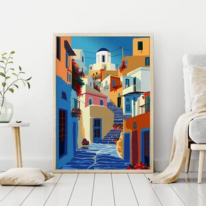 May include: A colorful illustration of a narrow street in a Greek village. The street is lined with whitewashed buildings with blue accents and red tile roofs. The buildings are decorated with flowers and plants. The street is paved with cobblestones and leads up a hill.