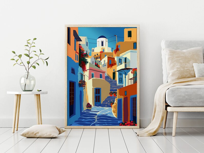 May include: A colorful illustration of a narrow street in a Greek village. The street is lined with whitewashed buildings with blue accents and red tile roofs. The buildings are decorated with flowers and plants. The street is paved with cobblestones and leads up a hill.