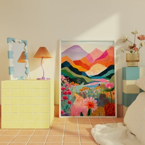 Abstract Mountain Artwork, Colorful Wall Art, Abstract Art, Patchwork, Illustration, Living Room Print, Scenery Art, Floral image 2